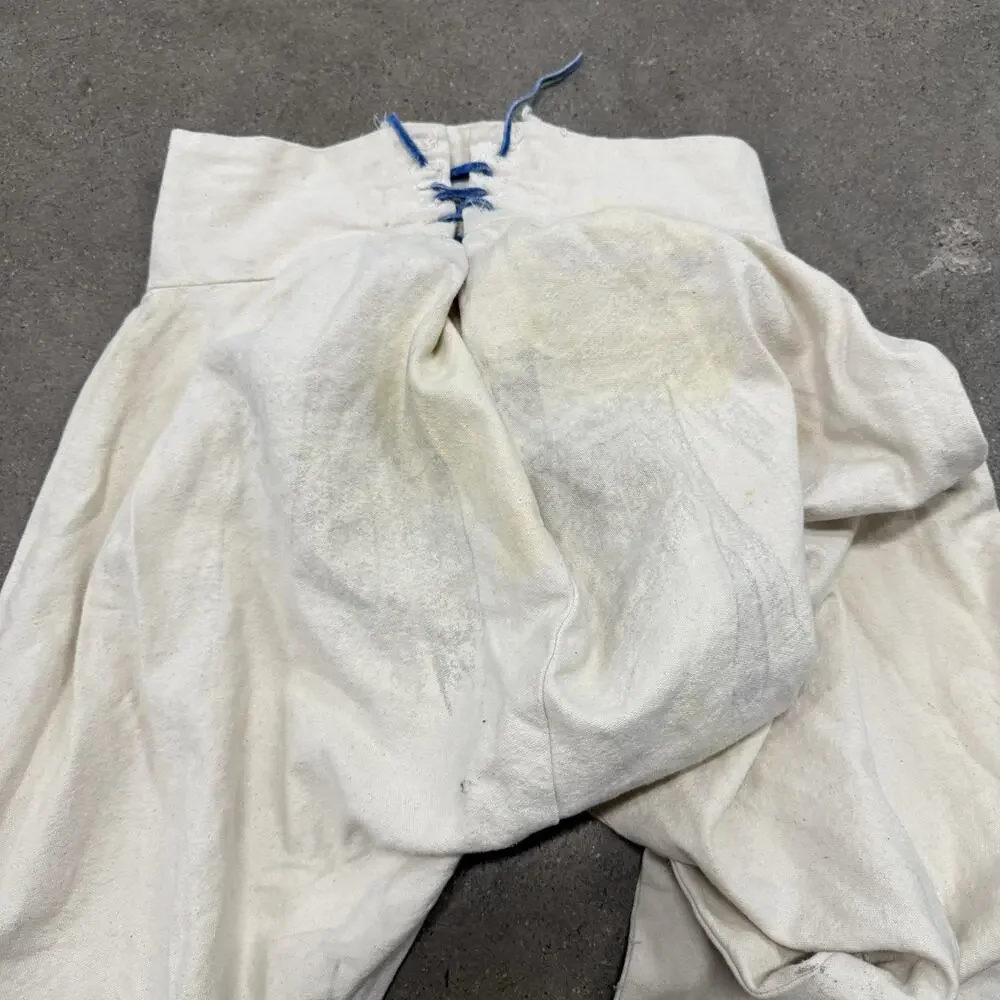Vintage 1930s French Linen Sailor Fall Front Ivory Pants 29x31.5 Back Lace Up